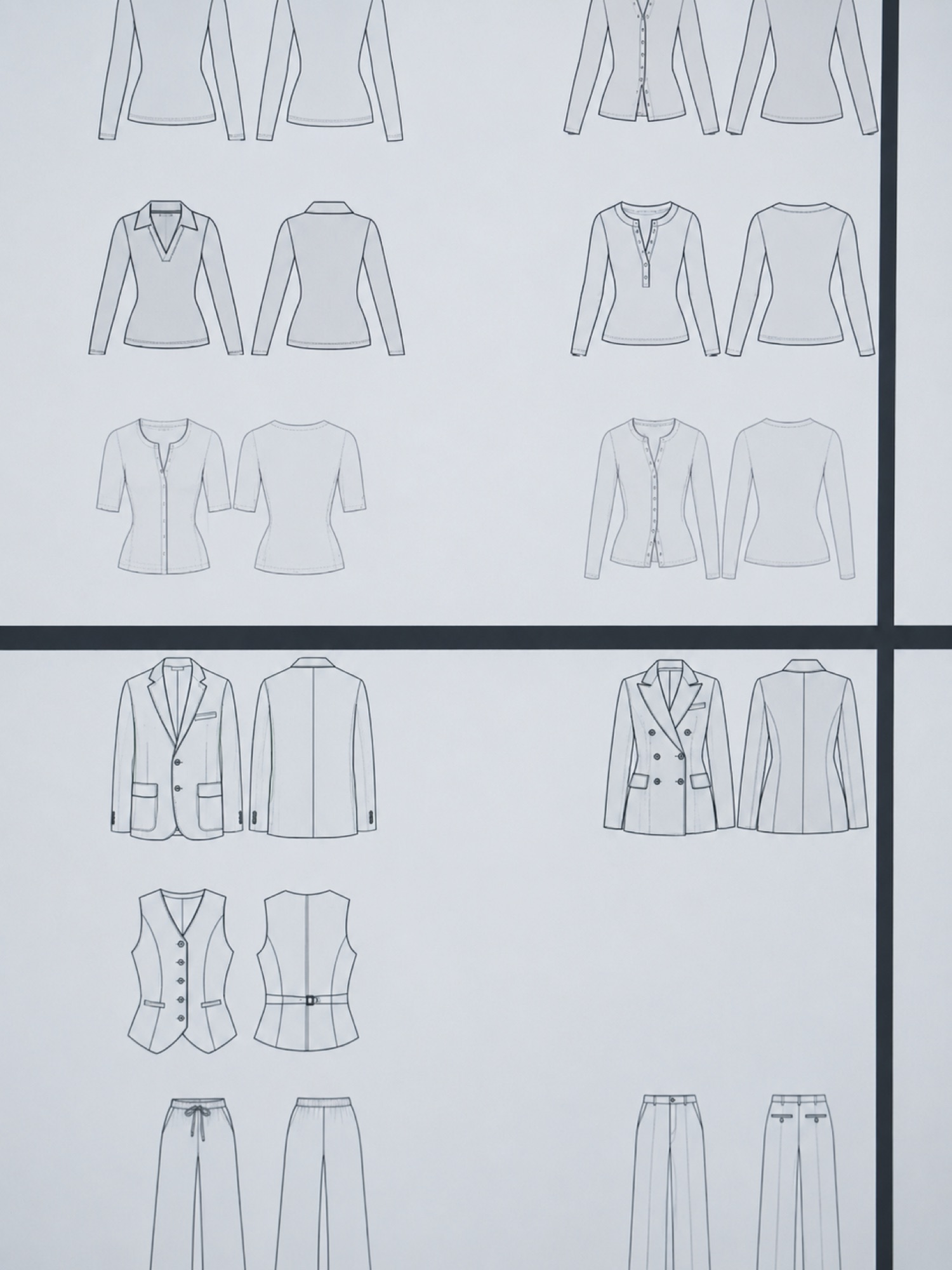 Technical line drawings for tops, tailoring and trousers