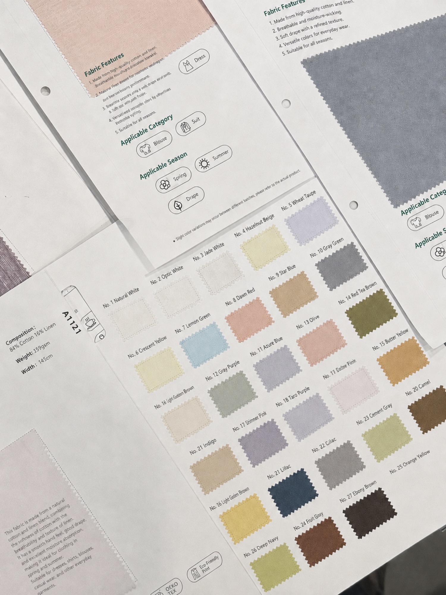 Cotton and linen swatch book in a range of muted colors