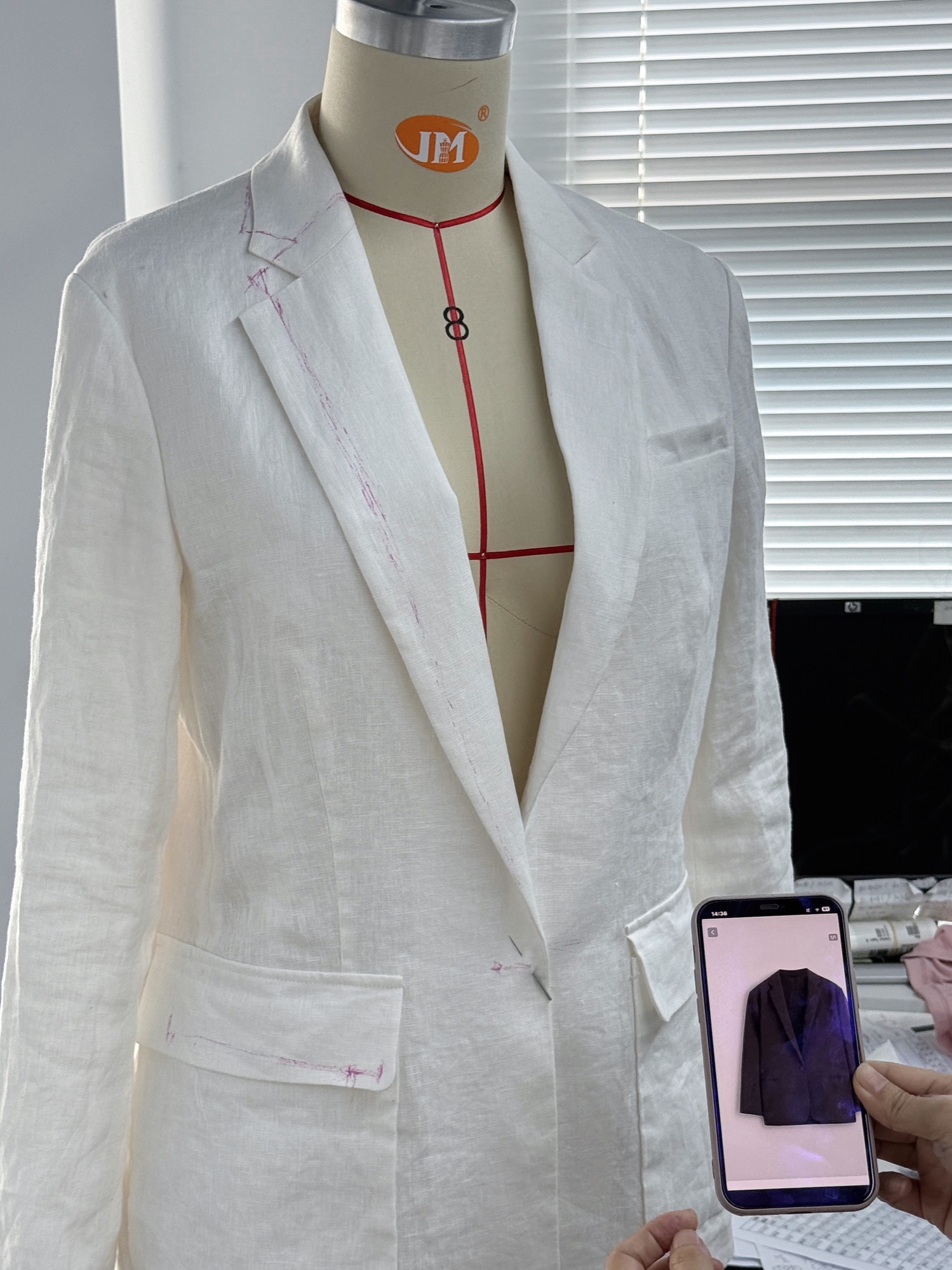 Ivory linen blazer sample marked with fitting corrections